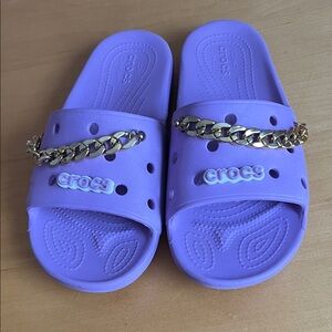 CROCS Lavender Slide Sandals with Gold Chain Accent